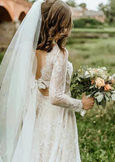 Merry | Modest A Line Long Sleeve Lace Wedding Dress for Church Weddings - Ivory - PromDressClub